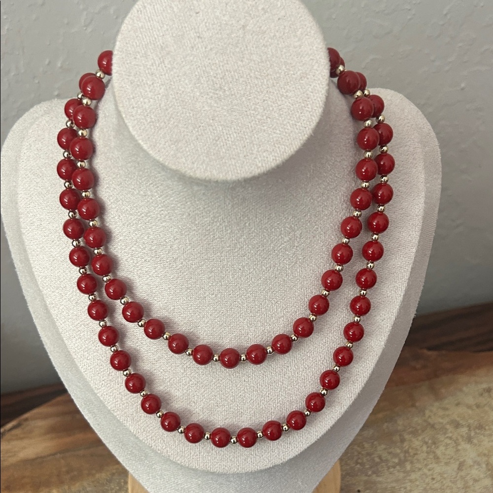 Elegant Vintage acrylic Red Gold Beaded Long Necklace